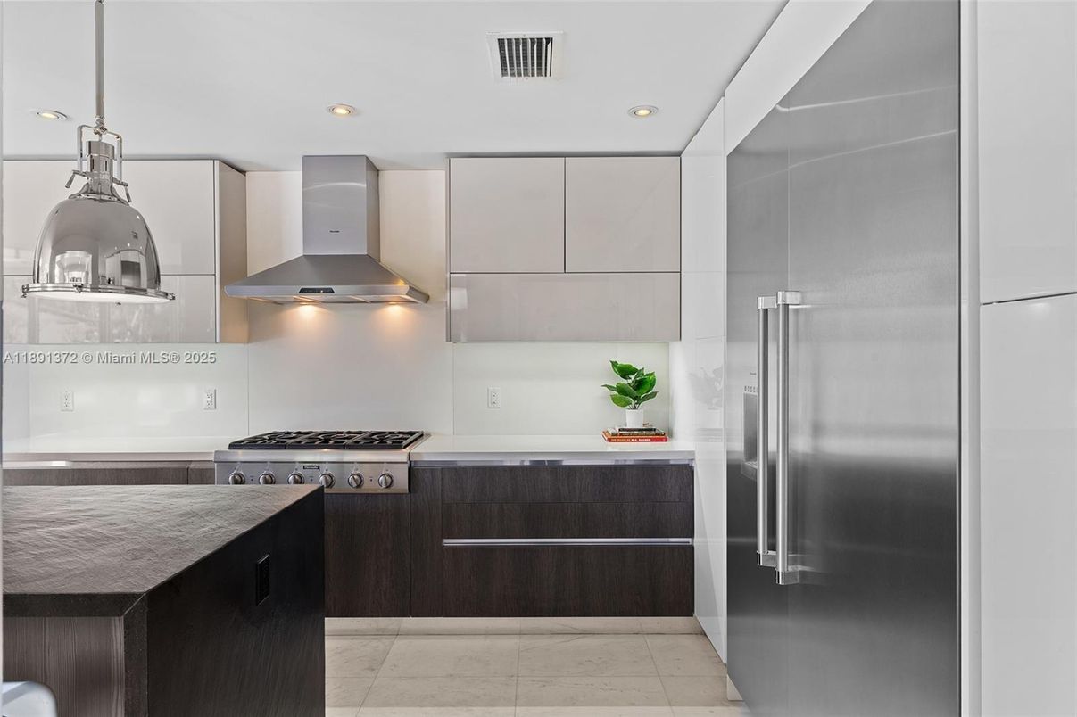 Interior, Kitchen, Marble, Pendant Lights, Recessed Lighting, Stainless Steel Appliances