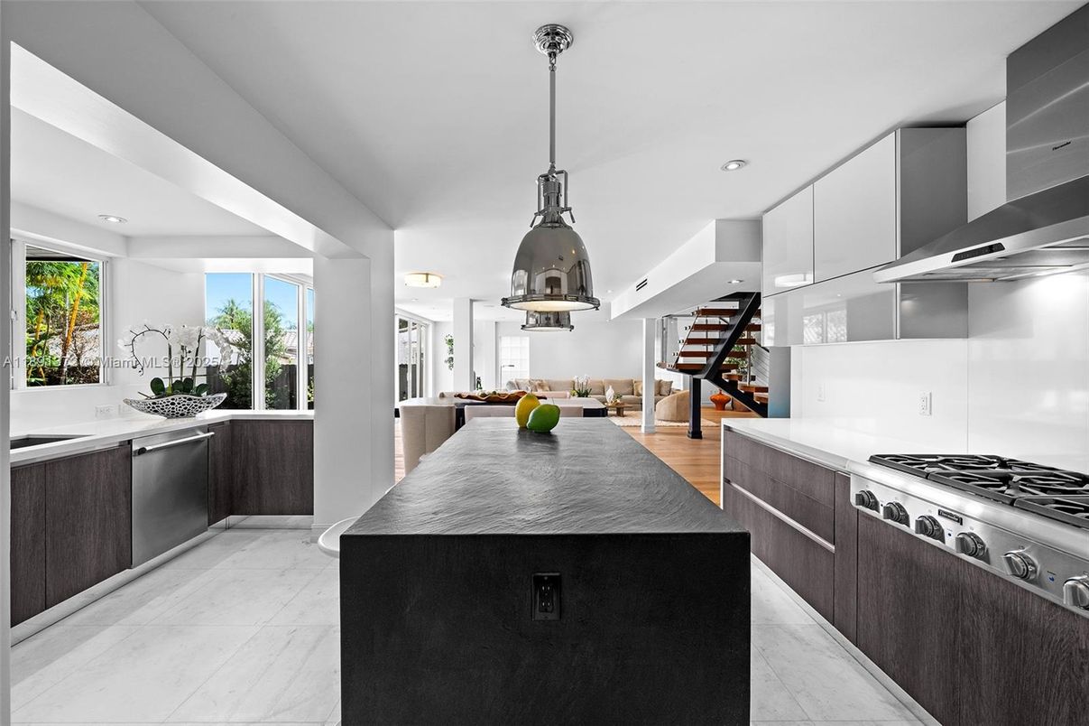 Interior, Kitchen, Marble, Pendant Lights, Recessed Lighting, Stainless Steel Appliances