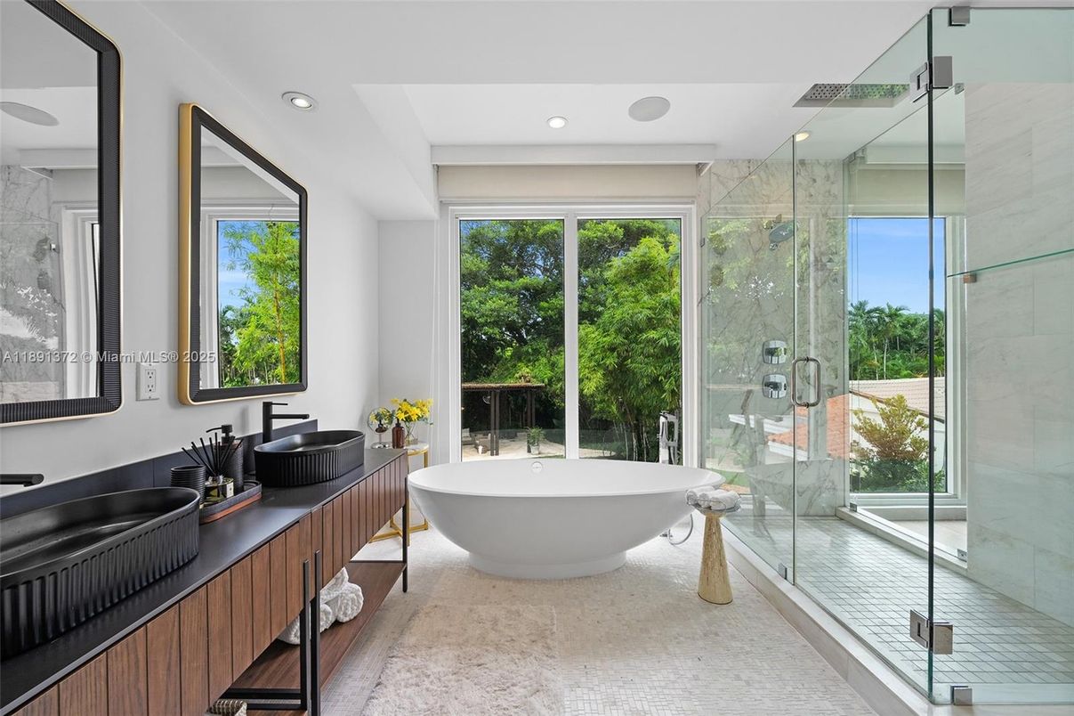 Bathroom, Dual Sink Vanities, Free Standing Baths, Glass Shower, Interior, Marble Walls, Recessed Lighting