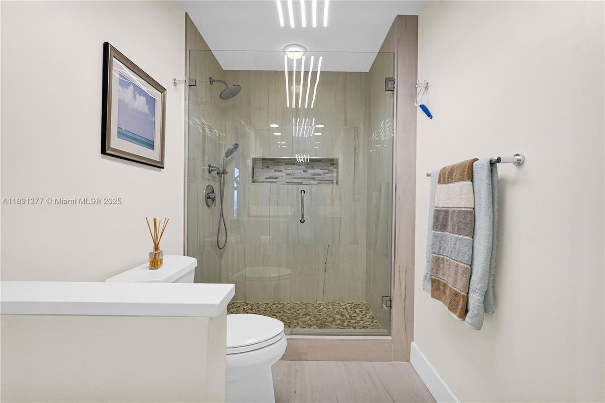 Bathroom, Glass Shower, Interior, Wood Texture Flooring