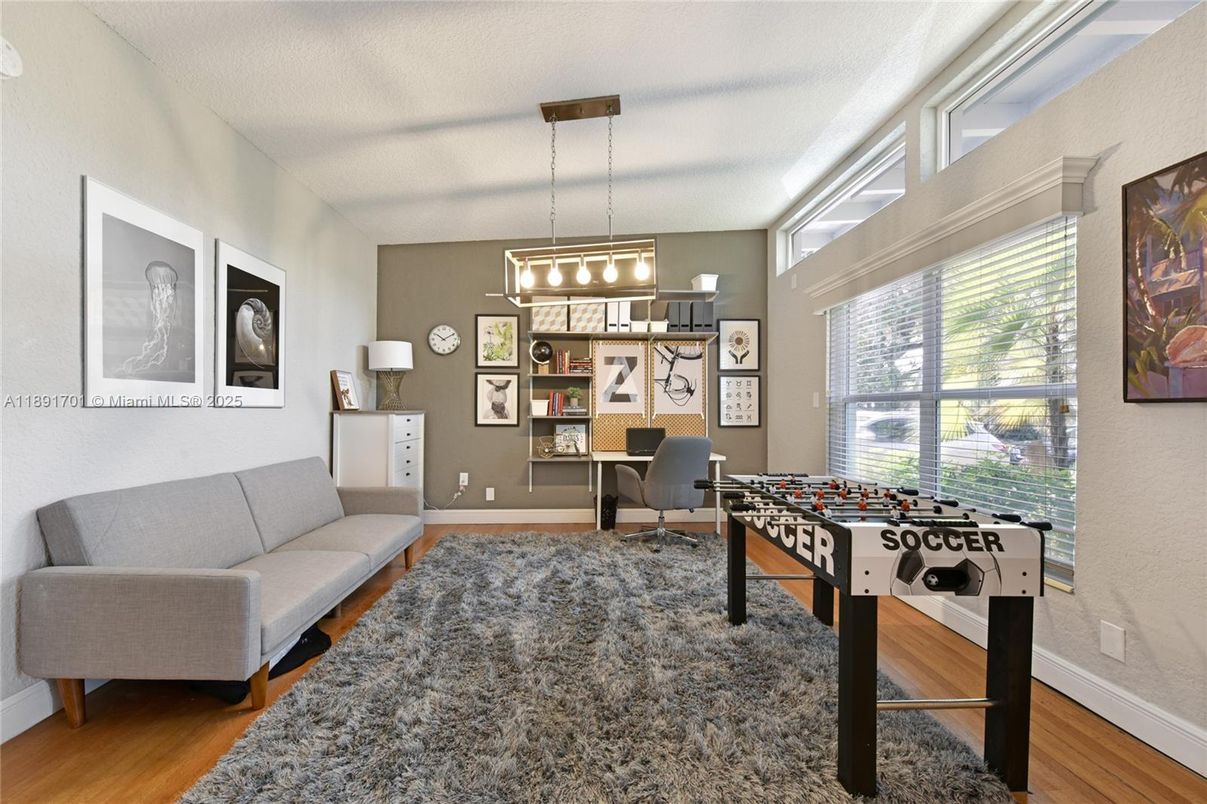 Chandelier, Game Room, Home Office, Interior, Pendant Lights, Wood Texture Flooring