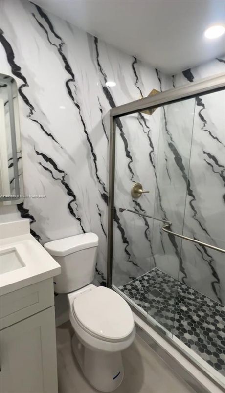 Bathroom, Glass Shower, Interior, Marble Walls, Recessed Lighting