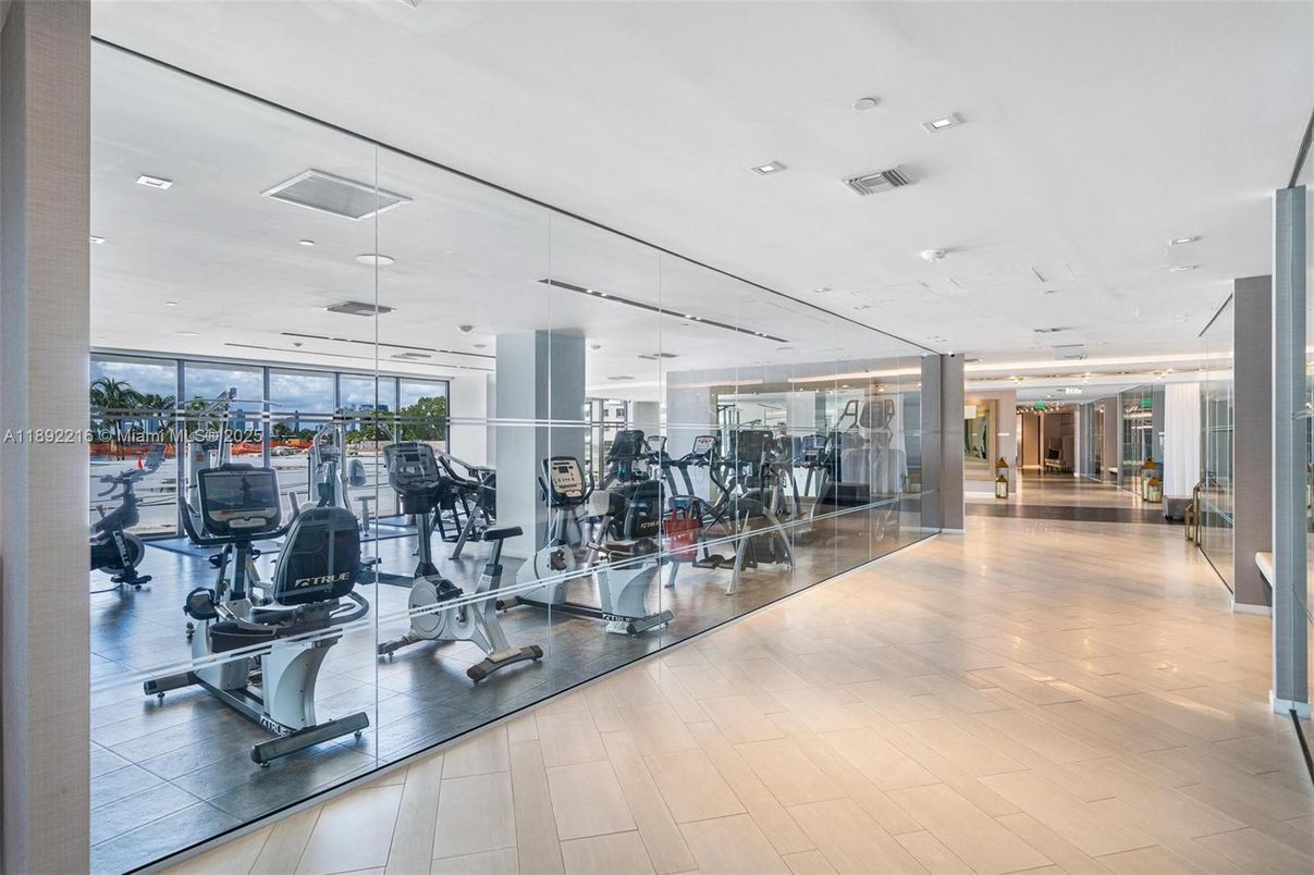 Fitness Equipment, Gym, Interior, Recessed Lighting, Wood Texture Flooring