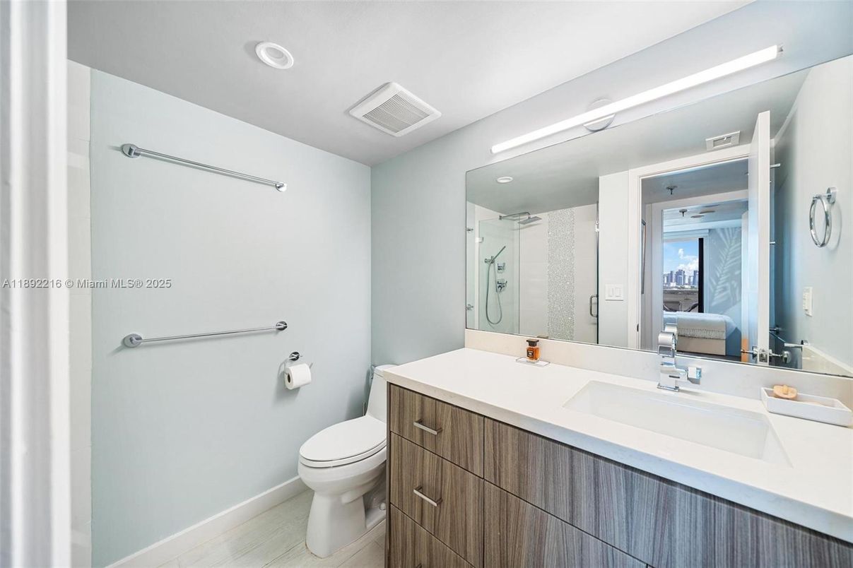 Bathroom, Bedroom, Glass Shower, Interior, Recessed Lighting, Wood Texture Flooring