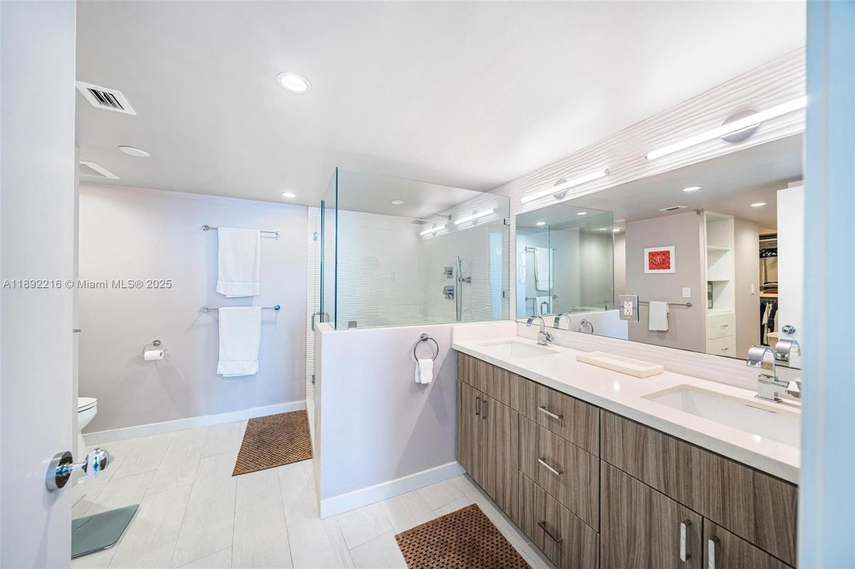 Bathroom, Dual Sink Vanities, Glass Shower, Interior, Recessed Lighting