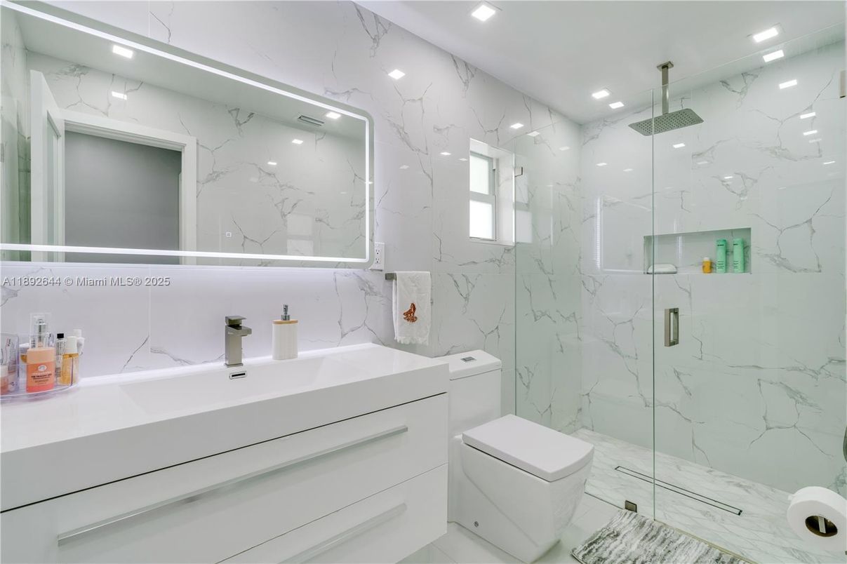 Bathroom, Glass Shower, Interior, Marble, Marble Walls, Recessed Lighting