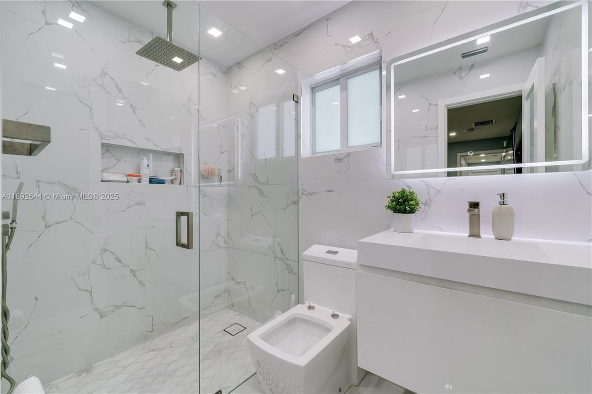 Bathroom, Glass Shower, Interior, Marble Walls, Recessed Lighting