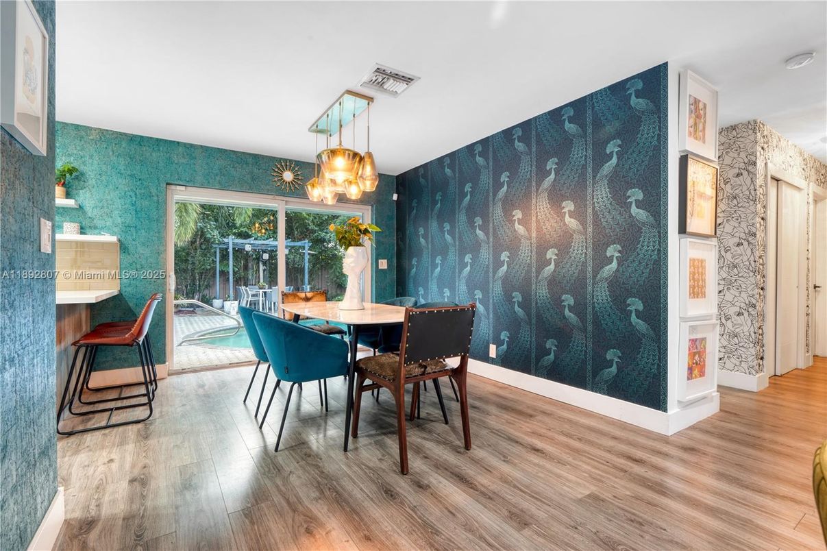 Dining room, Interior, Pendant Lights, Wood Texture Flooring