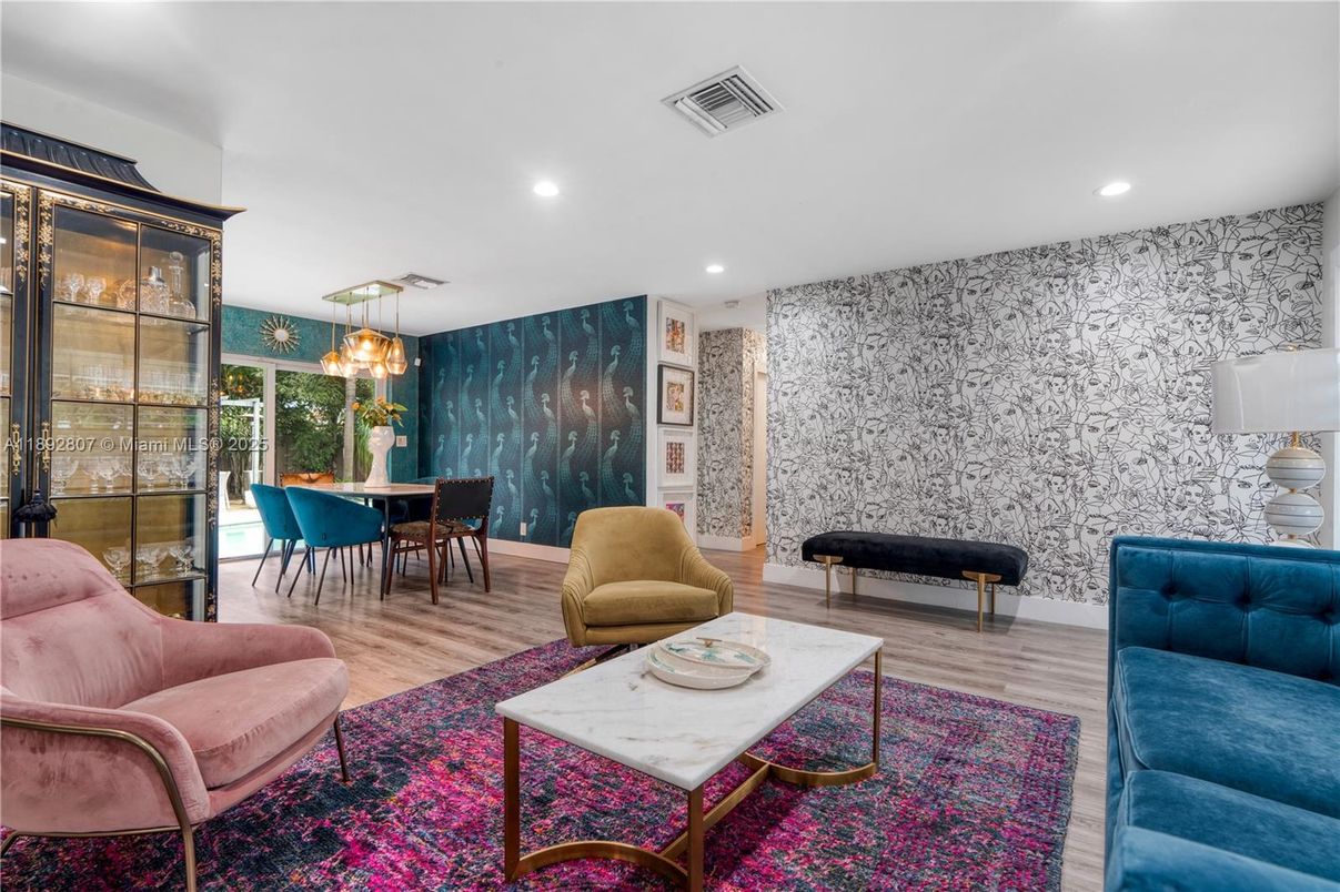Dining room, Interior, Living room, Recessed Lighting, Stone Walls, Wood Texture Flooring