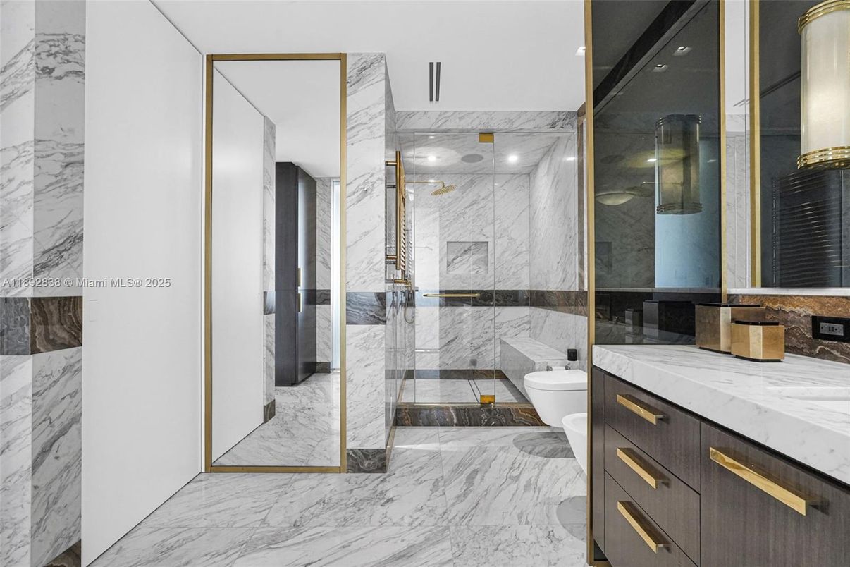 Bathroom, Glass Shower, Interior, Marble, Marble Walls, Recessed Lighting