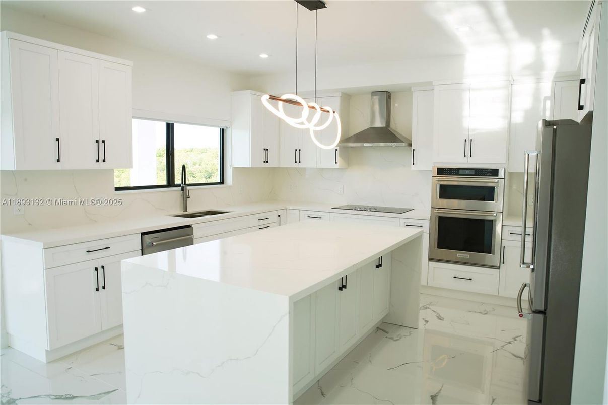 Interior, Kitchen, Marble, Pendant Lights, Recessed Lighting, Stainless Steel Appliances