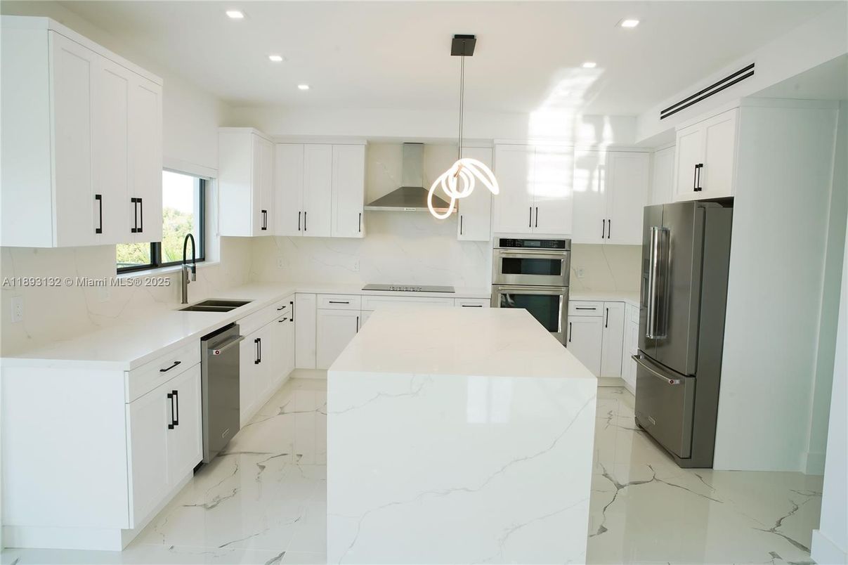 Interior, Kitchen, Marble, Pendant Lights, Recessed Lighting, Stainless Steel Appliances