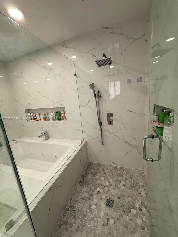 Bathroom, Glass Shower, Interior, Marble Walls, Recessed Lighting