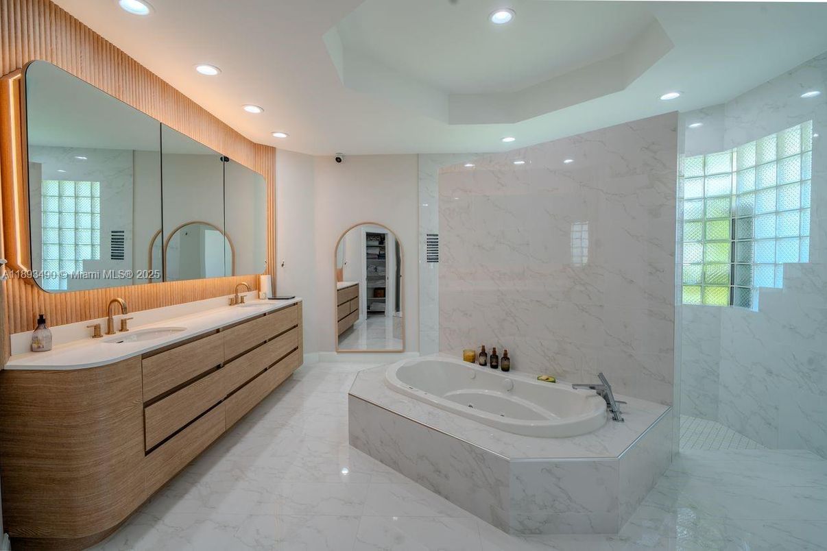 Bathroom, Dual Sink Vanities, Interior, Marble, Marble Walls, Recessed Lighting