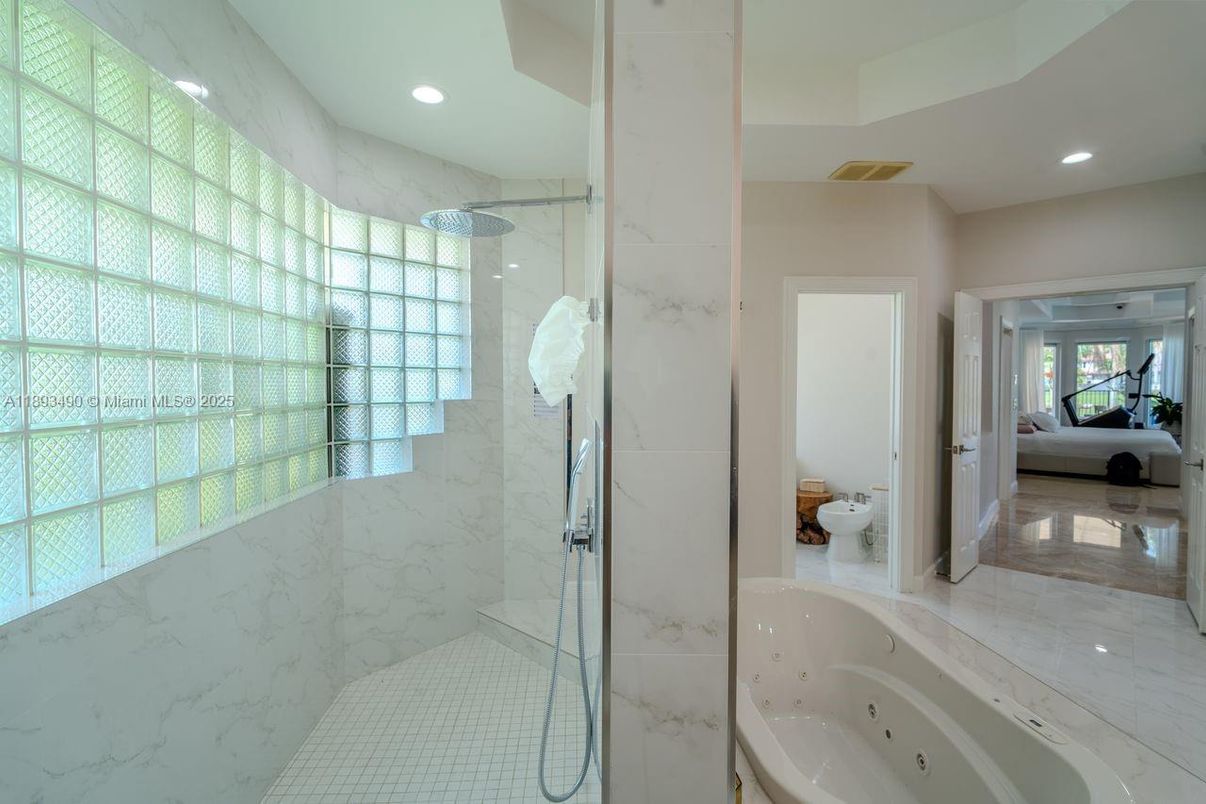 Bathroom, Glass Shower, Interior, Marble Walls, Recessed Lighting