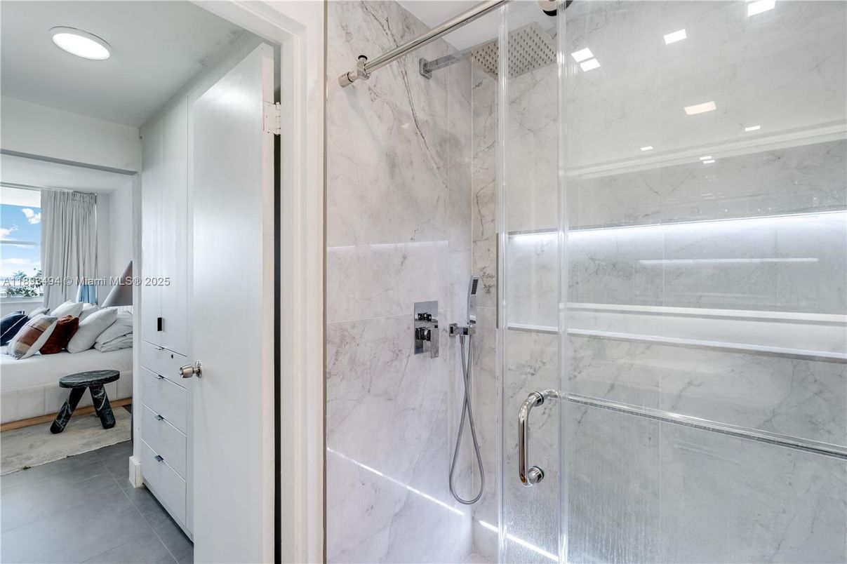 Bathroom, Glass Shower, Interior, Marble Walls, Recessed Lighting