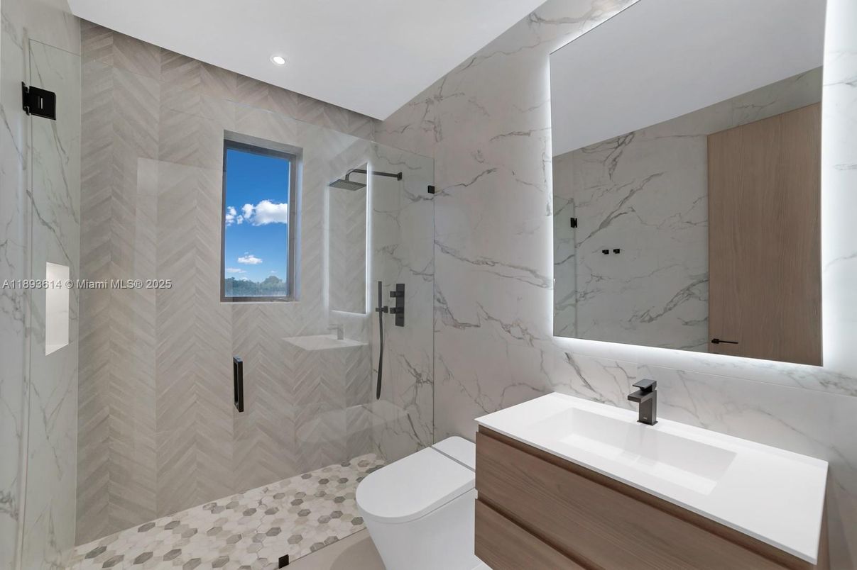 Bathroom, Glass Shower, Interior, Marble Walls, Recessed Lighting