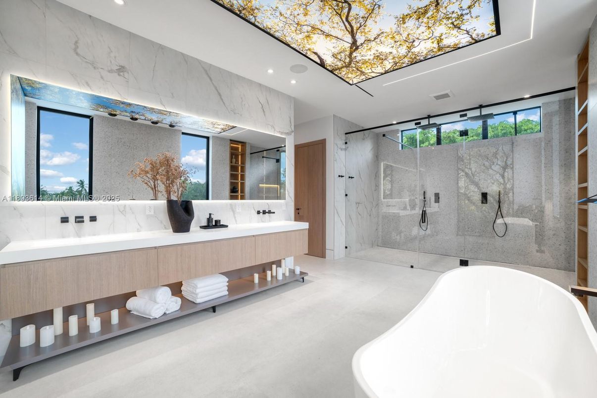 Bathroom, Dual Sink Vanities, Free Standing Baths, Glass Shower, Interior, Marble Walls, Recessed Lighting