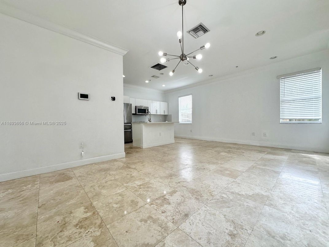 Empty room, Interior, Kitchen, Pendant Lights, Recessed Lighting, Stainless Steel Appliances