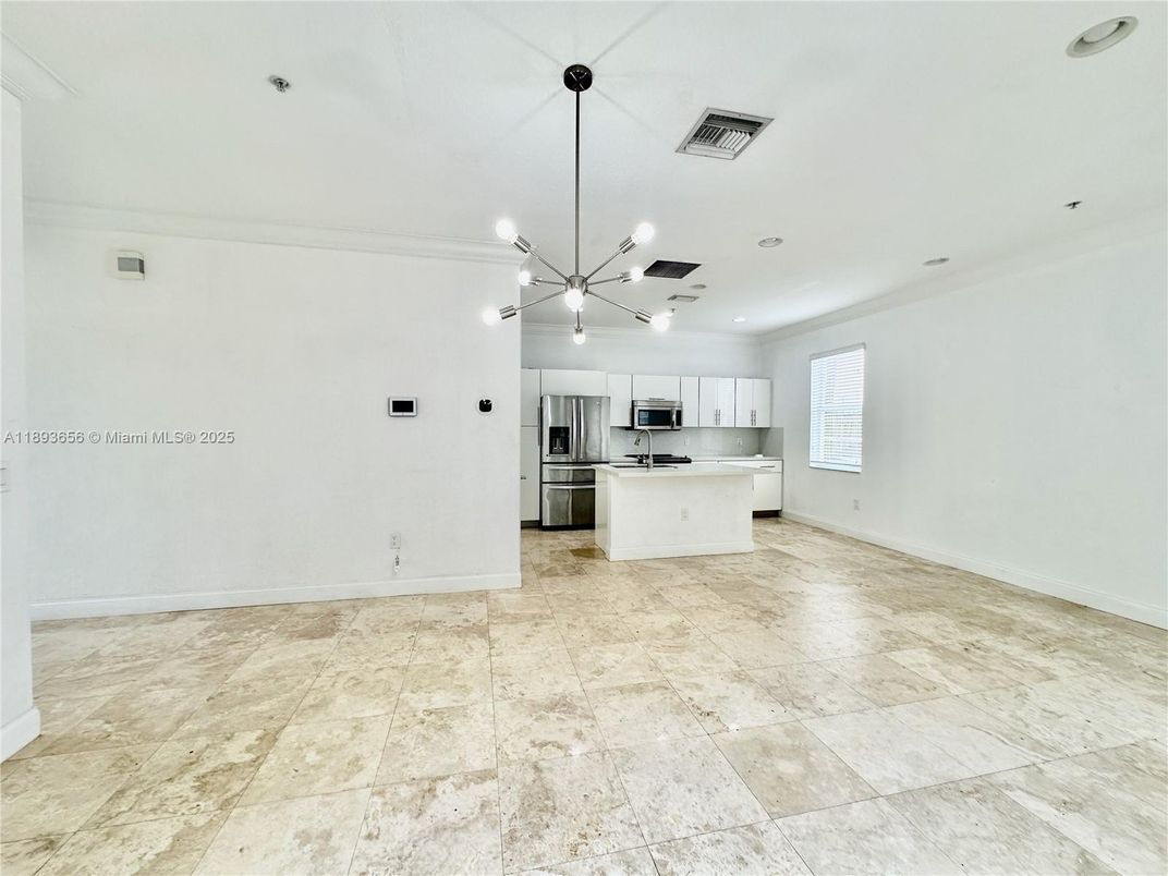 Empty room, Interior, Kitchen, Pendant Lights, Recessed Lighting, Stainless Steel Appliances