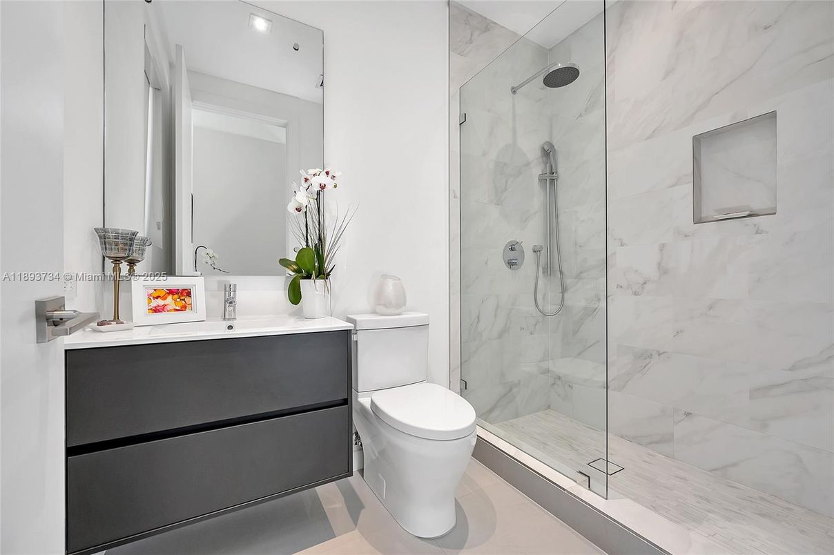 Bathroom, Glass Shower, Interior, Marble Walls, Recessed Lighting