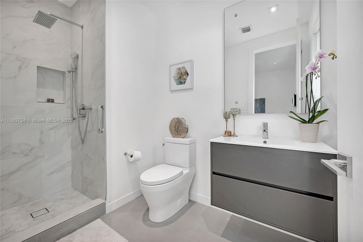 Bathroom, Glass Shower, Interior, Marble Walls, Recessed Lighting