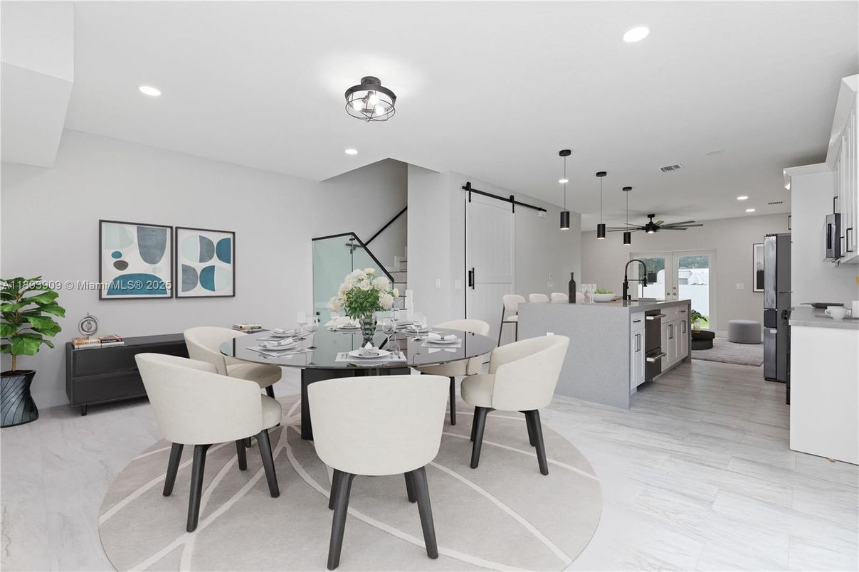 Dining room, Interior, Kitchen, Marble, Pendant Lights, Recessed Lighting