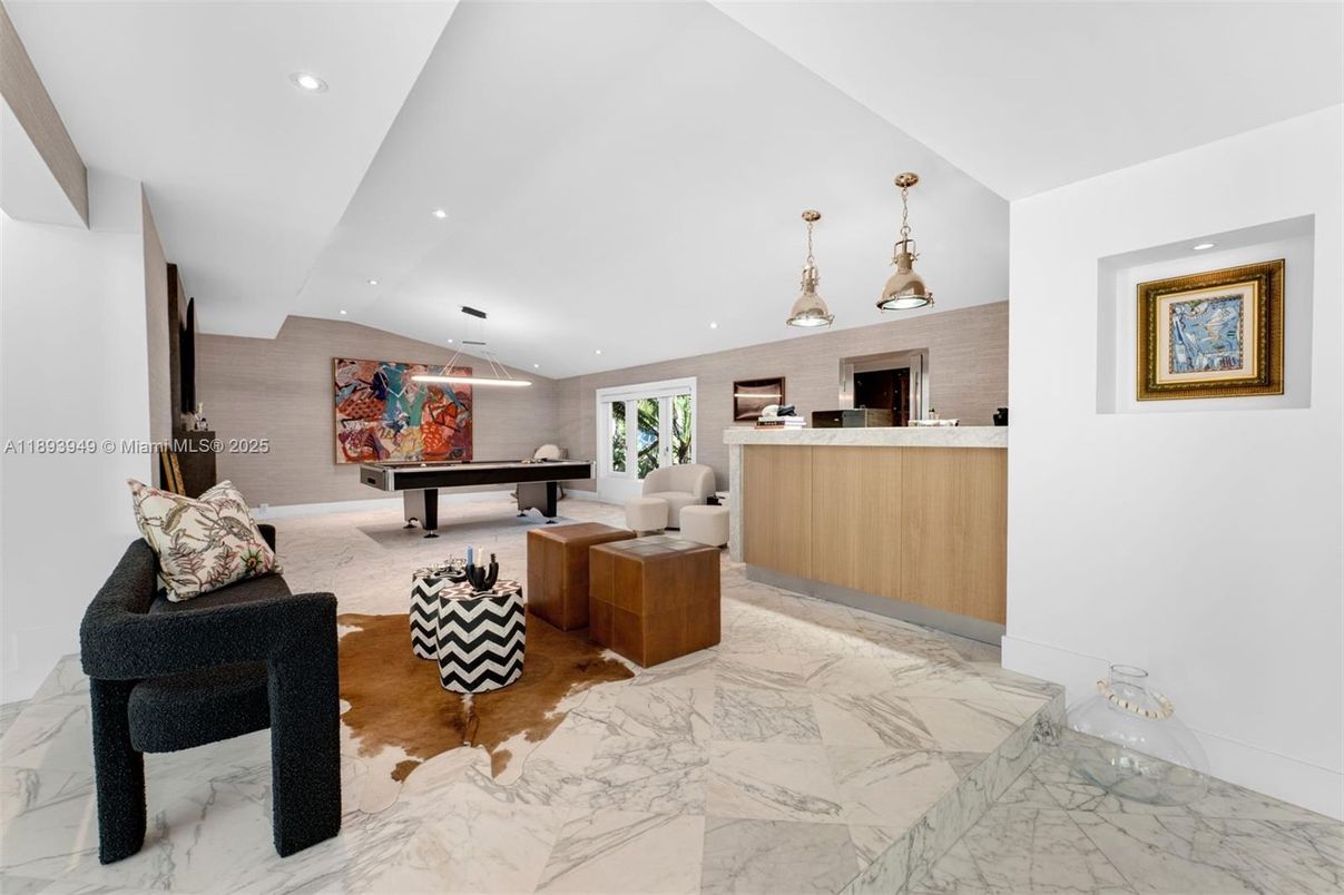 Billiard Table, Game Room, Interior, Living room, Marble, Pendant Lights, Recessed Lighting