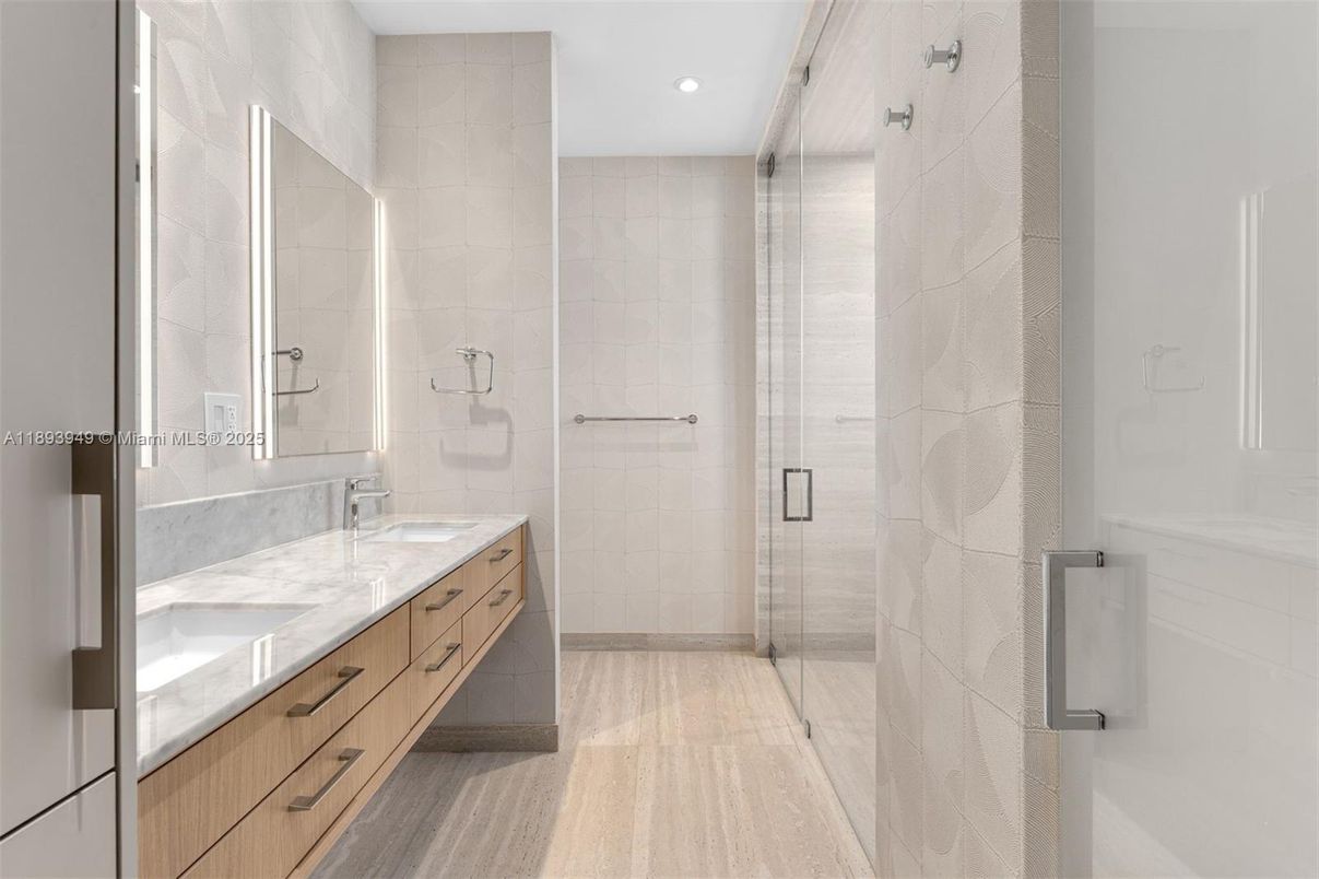 Bathroom, Dual Sink Vanities, Glass Shower, Interior, Recessed Lighting