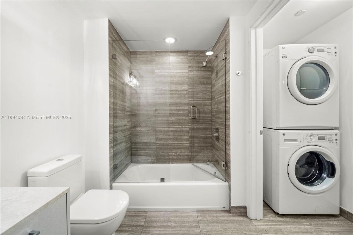 Bathroom, Glass Shower, Interior, Recessed Lighting, Utility Closets, Washer