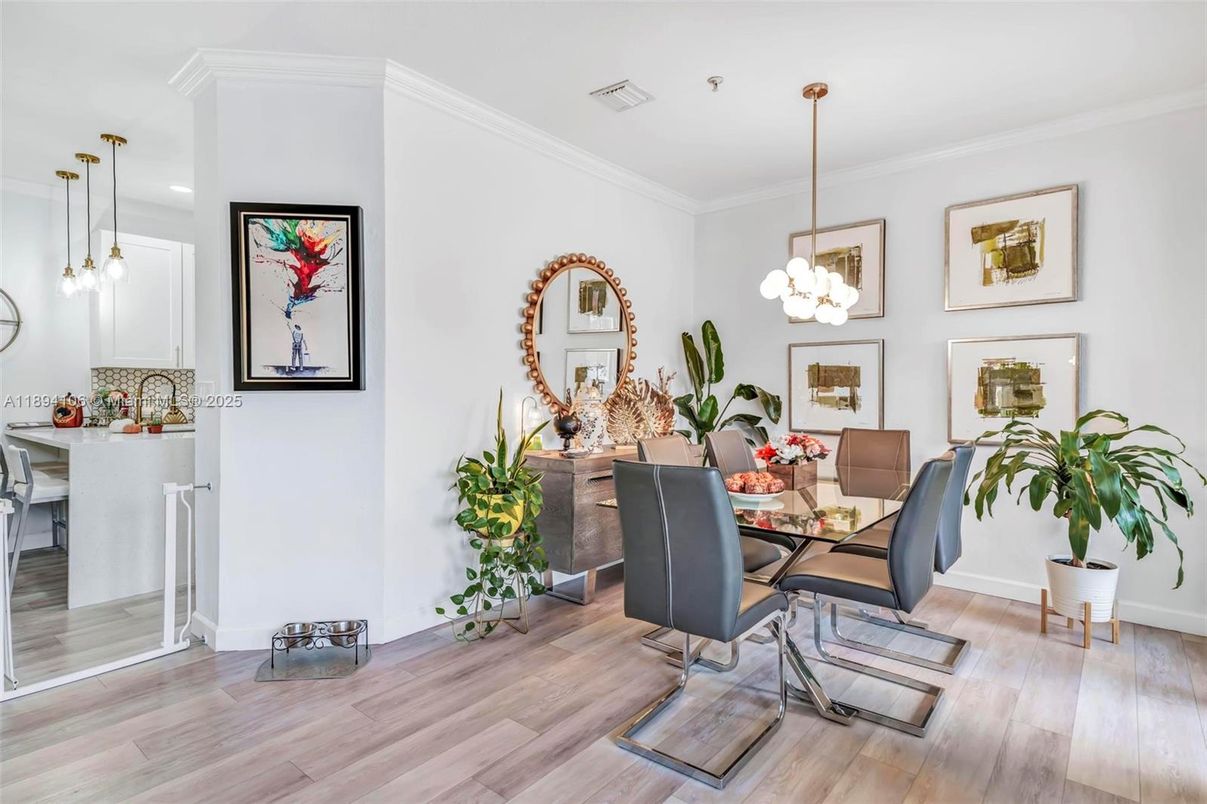 Dining room, Interior, Pendant Lights, Wood Texture Flooring