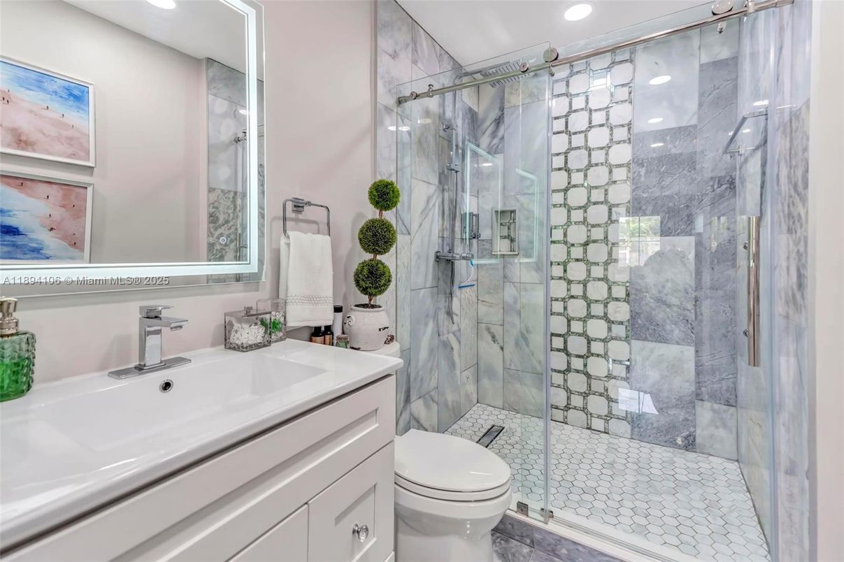 Bathroom, Glass Shower, Interior, Marble Walls, Recessed Lighting
