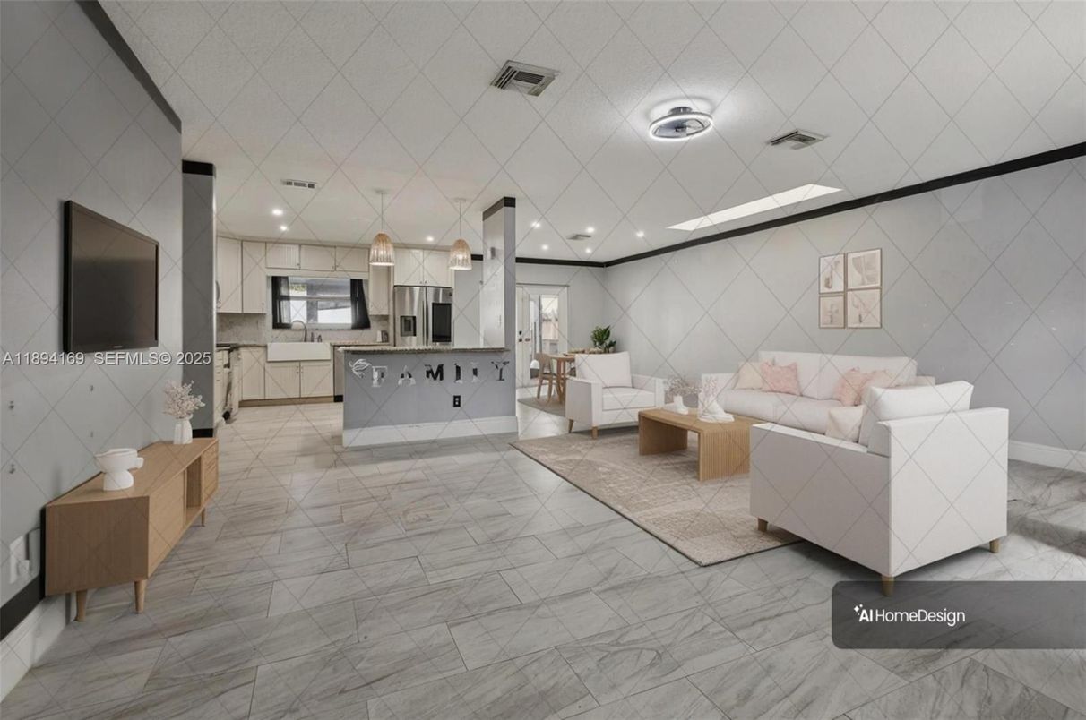 Interior, Kitchen, Living room, Marble, Pendant Lights, Recessed Lighting, Stainless Steel Appliances