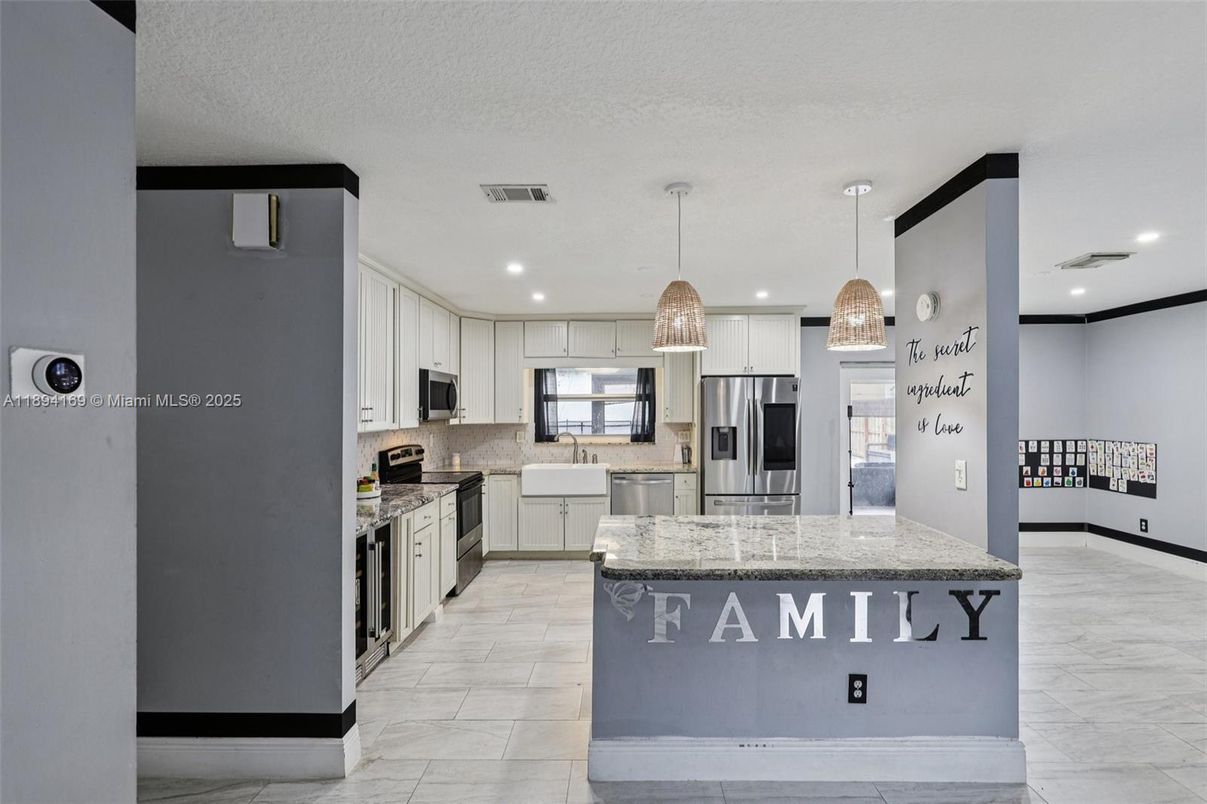 Interior, Kitchen, Marble, Pendant Lights, Recessed Lighting, Stainless Steel Appliances