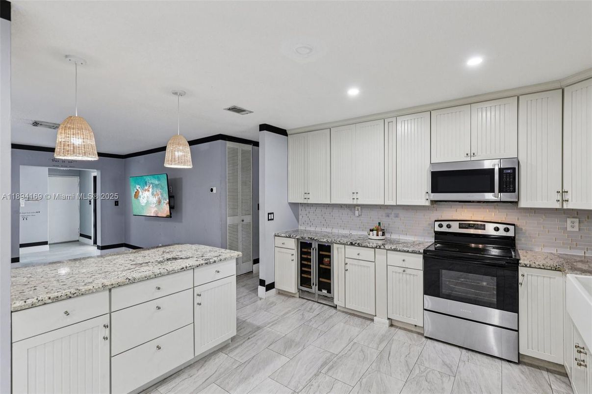 Interior, Kitchen, Marble, Pendant Lights, Recessed Lighting, Stainless Steel Appliances