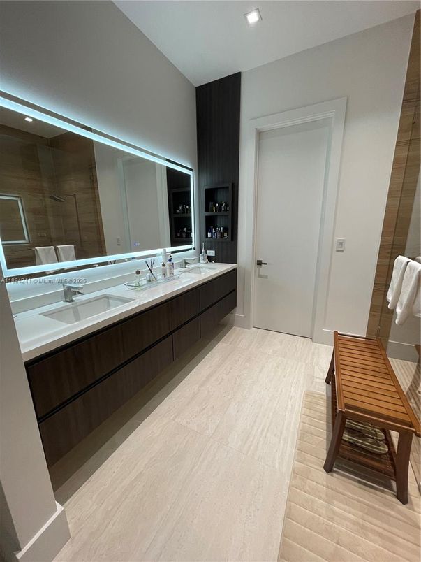 Bathroom, Dual Sink Vanities, Interior, Recessed Lighting, Wood Texture Flooring