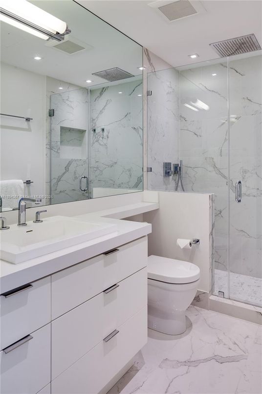 Bathroom, Glass Shower, Interior, Marble, Marble Walls, Recessed Lighting