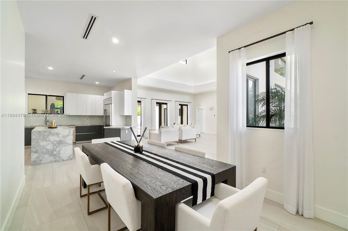Dining room, Interior, Kitchen, Living room, Recessed Lighting, Stainless Steel Appliances, Wood Texture Flooring
