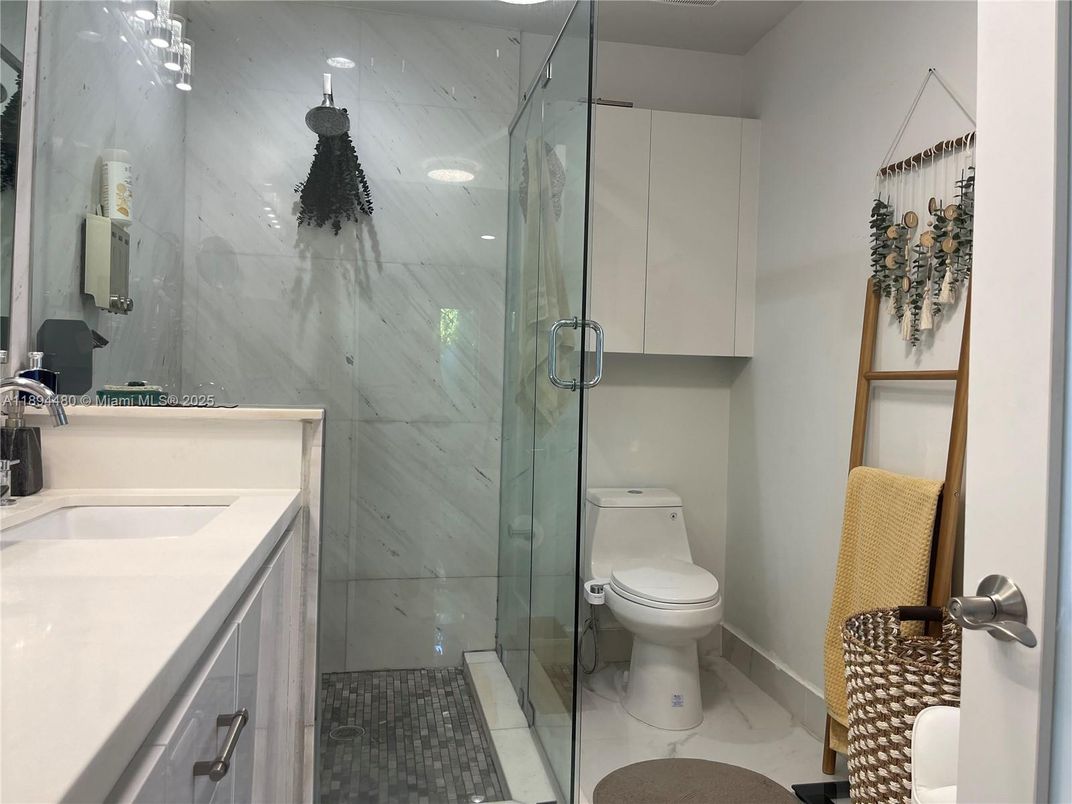Bathroom, Glass Shower, Interior, Marble, Marble Walls, Recessed Lighting