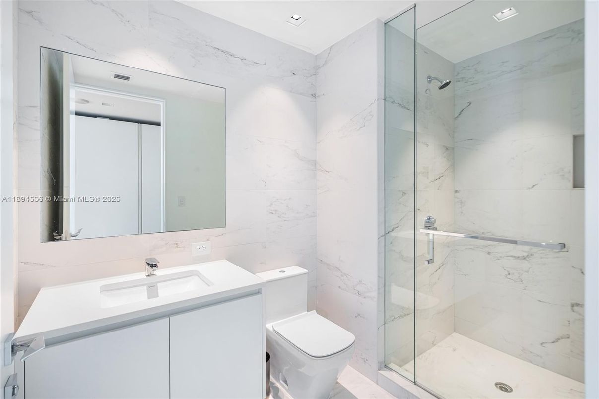 Bathroom, Glass Shower, Interior, Marble Walls, Recessed Lighting