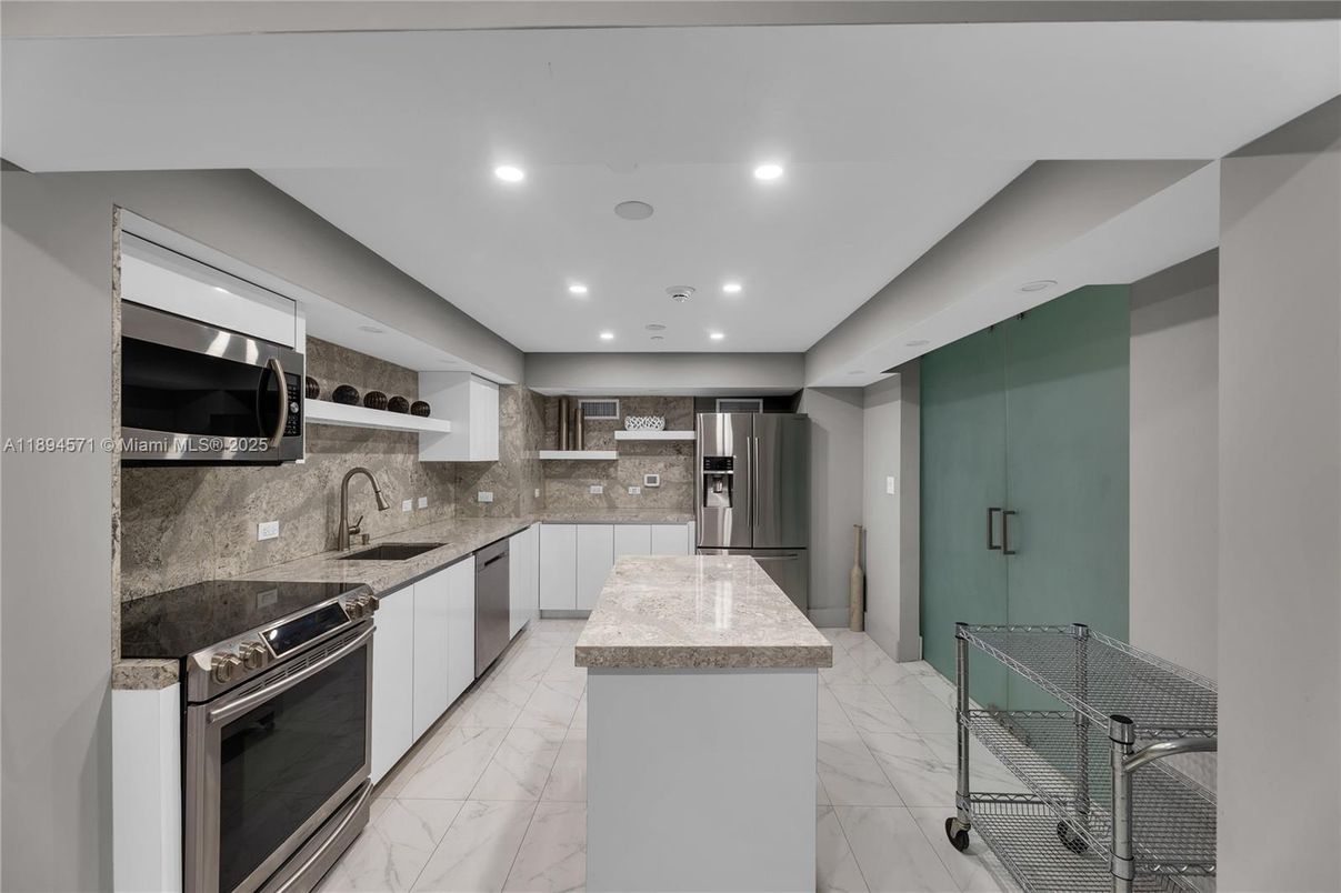 Interior, Kitchen, Marble, Recessed Lighting, Stainless Steel Appliances