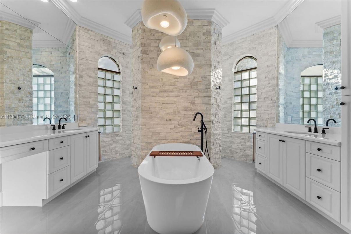 Bathroom, Dual Sink Vanities, Free Standing Baths, Glass Shower, Interior, Stone Walls
