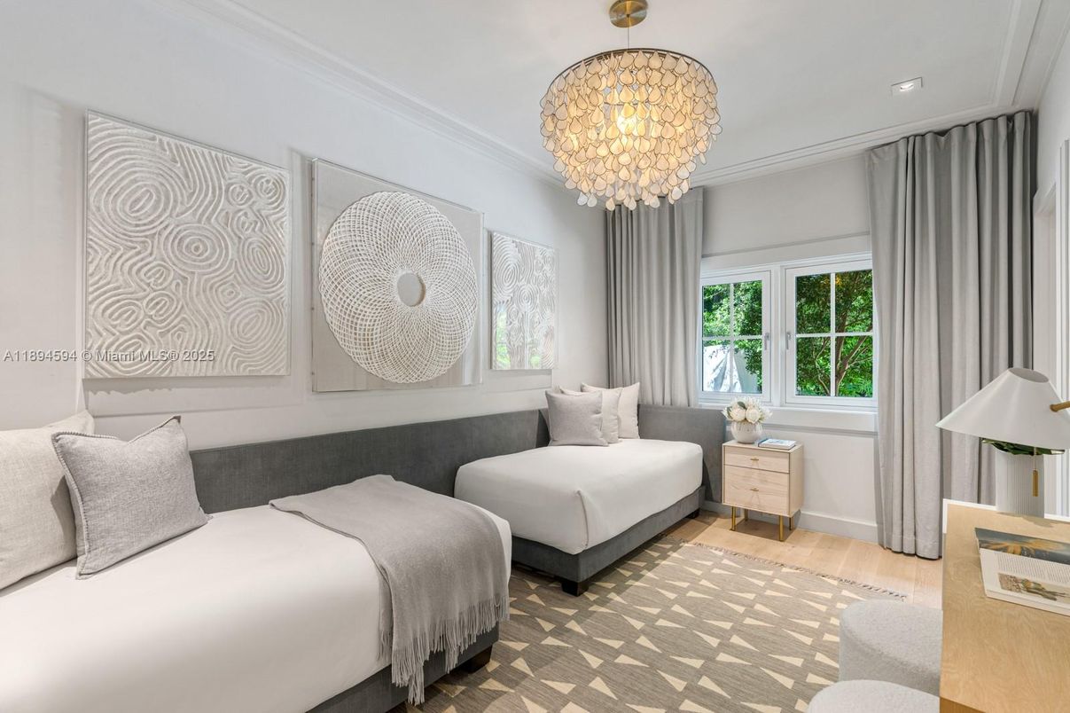 Bedroom, Chandelier, Interior, Recessed Lighting, Wood Texture Flooring