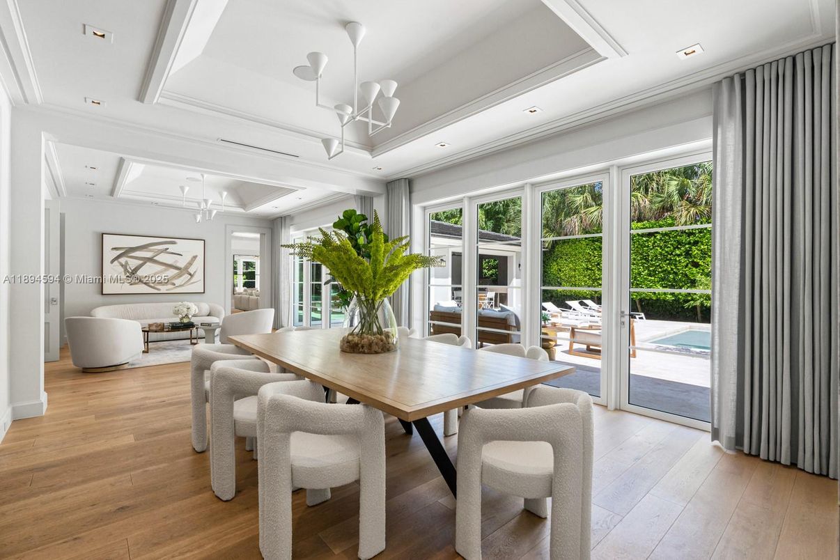Dining room, Interior, Living room, Pendant Lights, Recessed Lighting, Wood Texture Flooring
