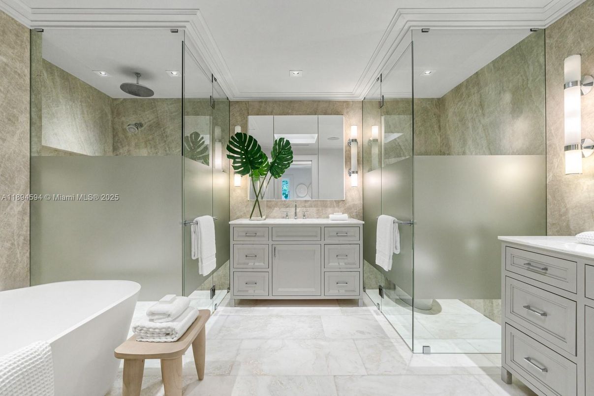 Bathroom, Free Standing Baths, Glass Shower, Interior, Marble, Recessed Lighting