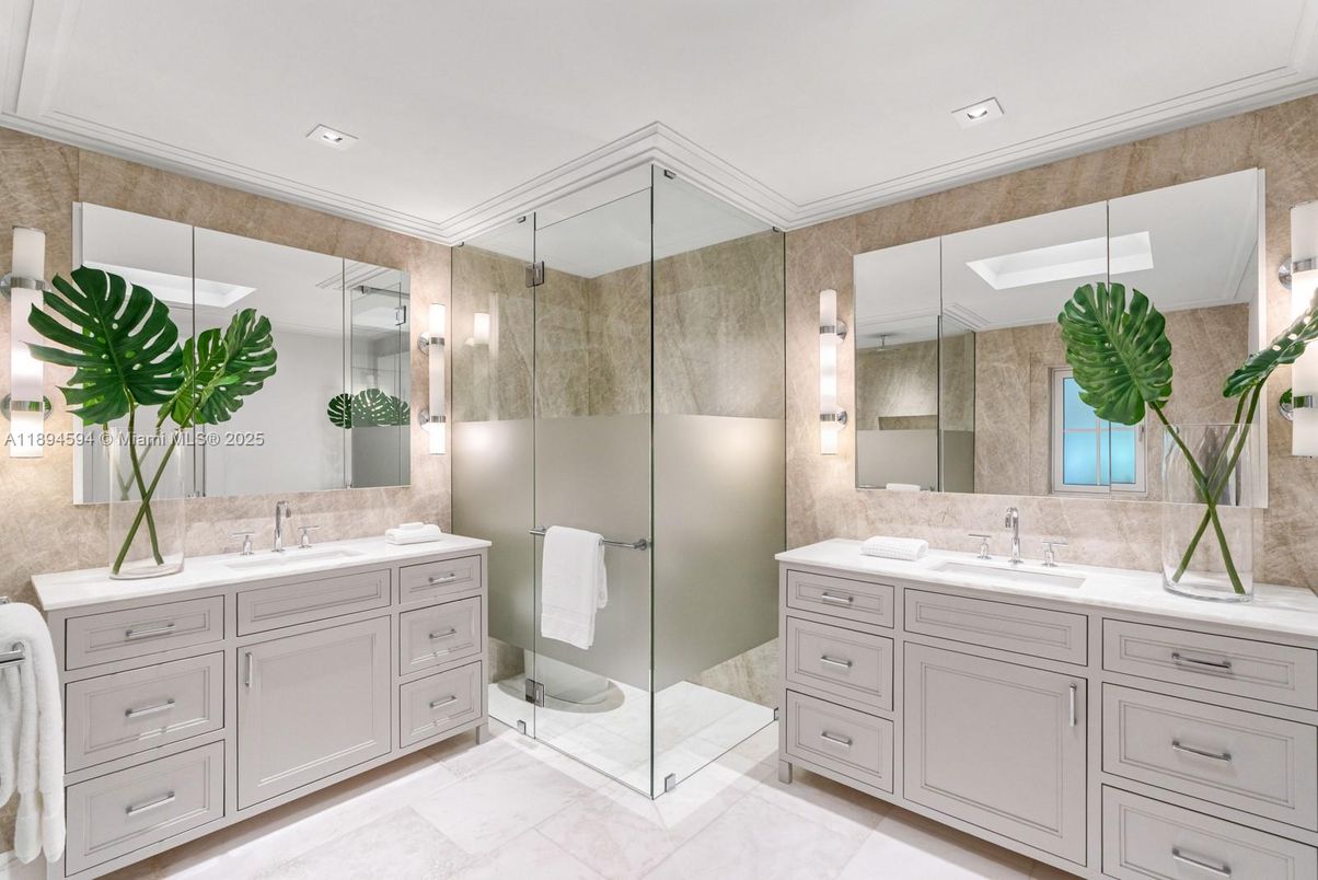 Bathroom, Dual Sink Vanities, Glass Shower, Interior, Recessed Lighting