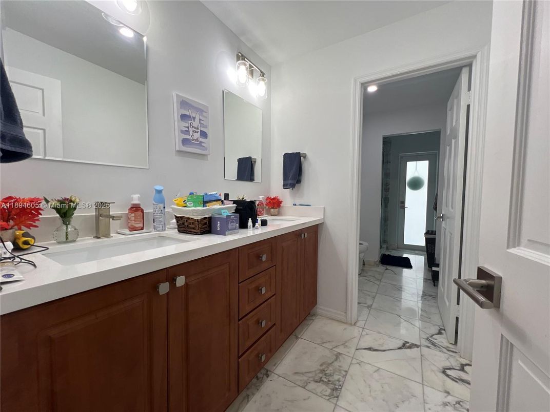 Bathroom, Dual Sink Vanities, Interior, Marble, Recessed Lighting