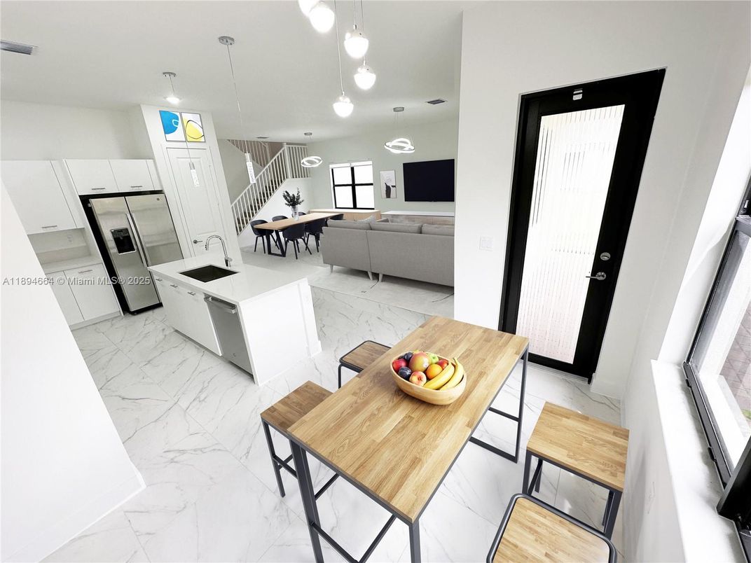 Dining room, Interior, Kitchen, Living room, Marble, Pendant Lights, Stainless Steel Appliances