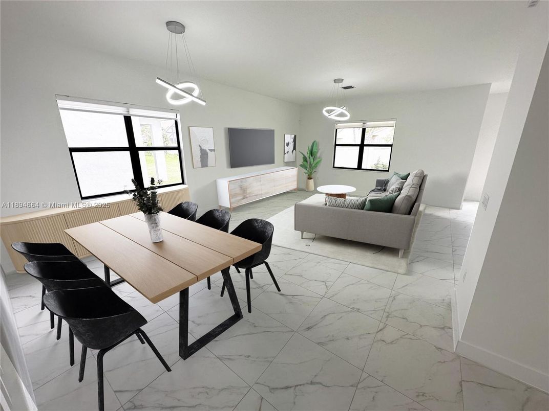 Dining room, Interior, Living room, Marble, Pendant Lights