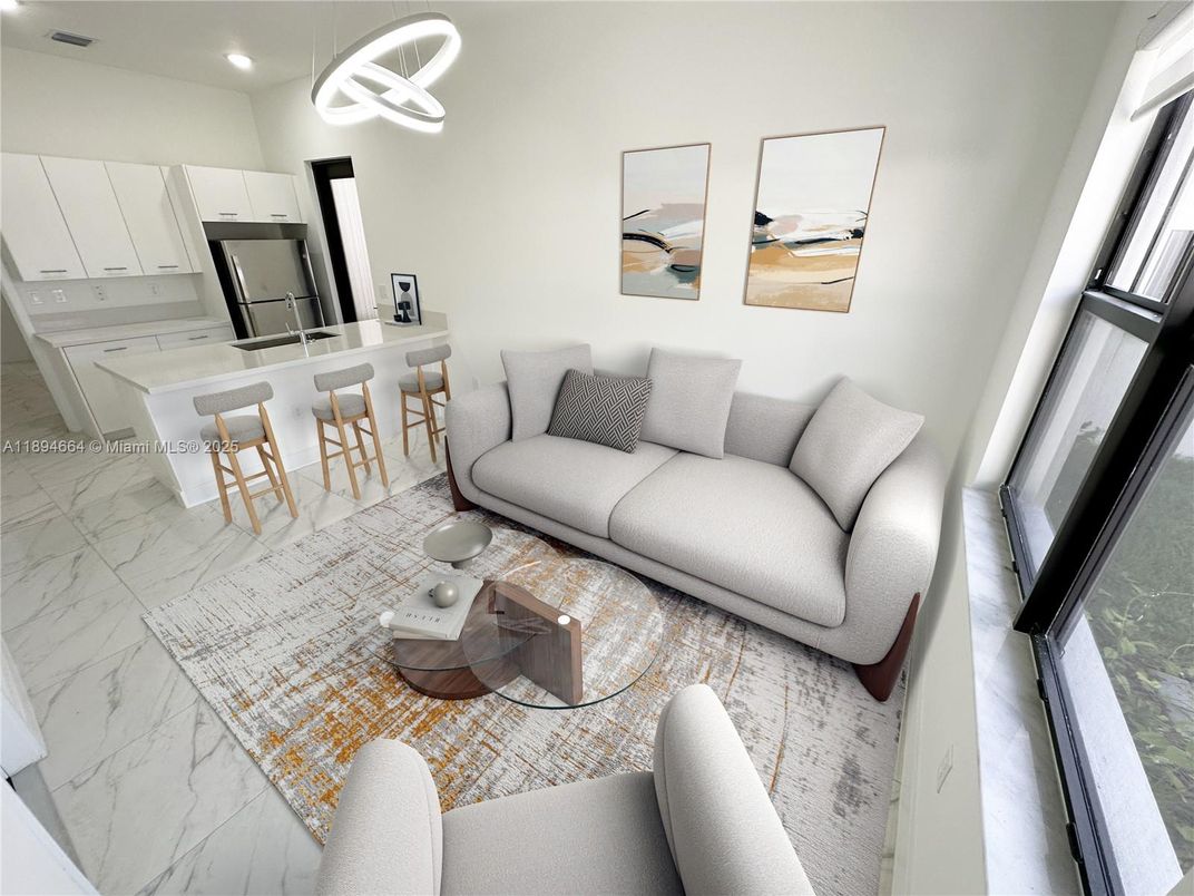 Interior, Kitchen, Living room, Marble, Pendant Lights, Recessed Lighting, Stainless Steel Appliances